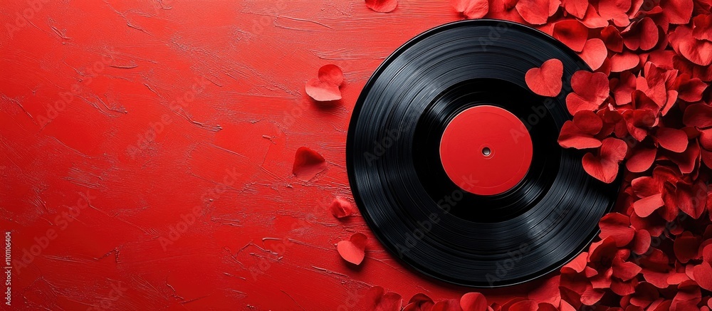 Poster valentine's day backdrop with a black lp record surrounded by rose petals on a vibrant red textured 