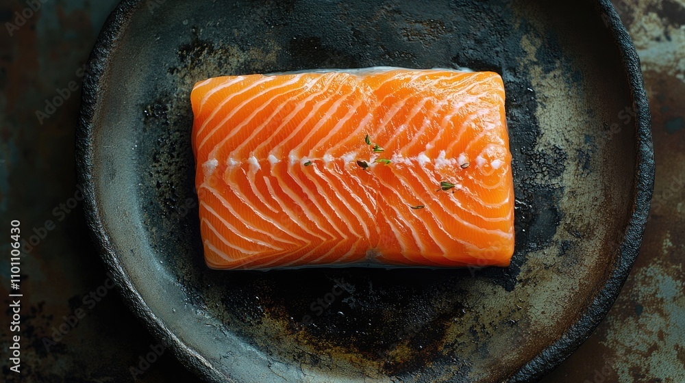 Poster fresh salmon fillet displayed on a rustic dark plate showcasing its vibrant color and texture agains