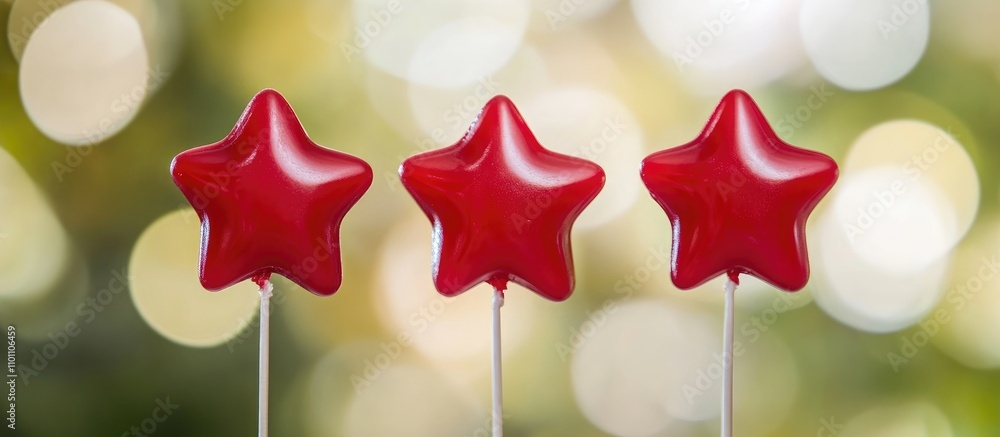 Poster Three red star-shaped candles illuminated against a soft bokeh background creating a festive and cheerful atmosphere