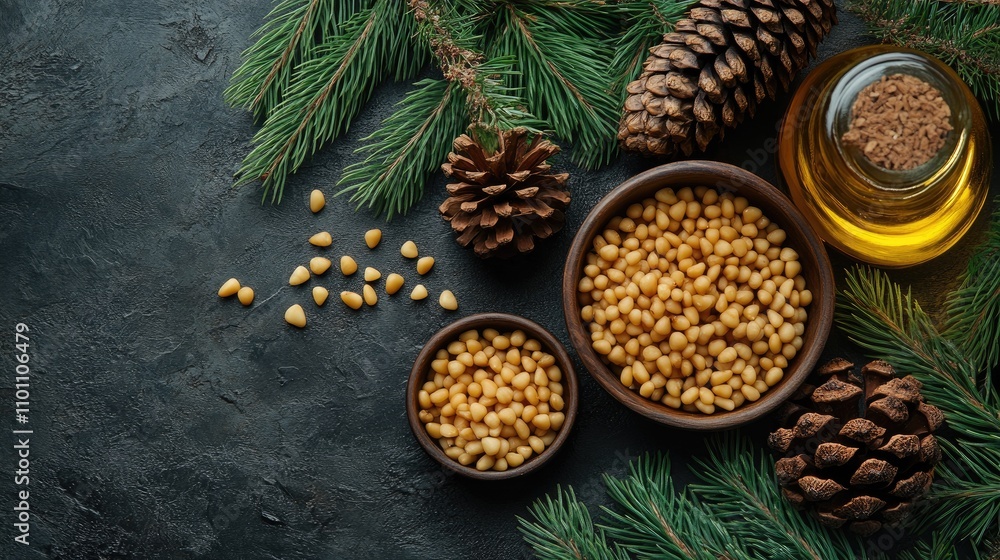 Aufkleber pine nuts in bowls with pine cone and oil on dark background surrounded by pine branches showcasing 