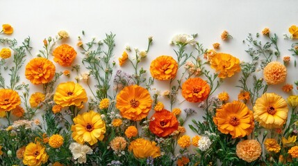 Vibrant marigold flowers in yellow and orange showcasing a lively floral arrangement on a white background capturing warmth and brightness