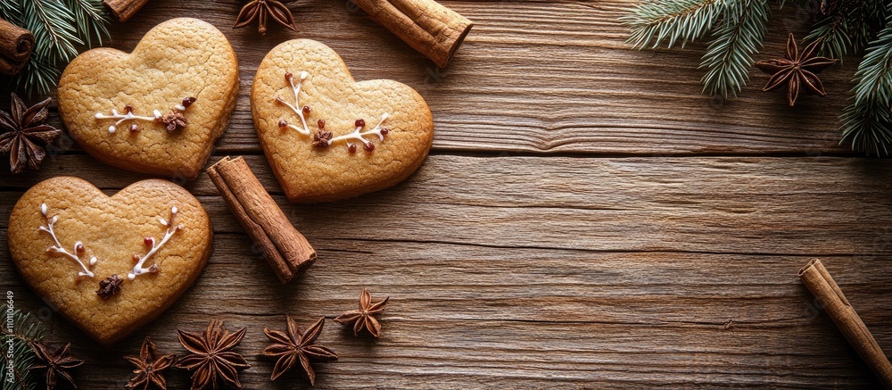 Poster heart-shaped gingerbread cookies adorned with icing on a wooden surface surrounded by cinnamon and s