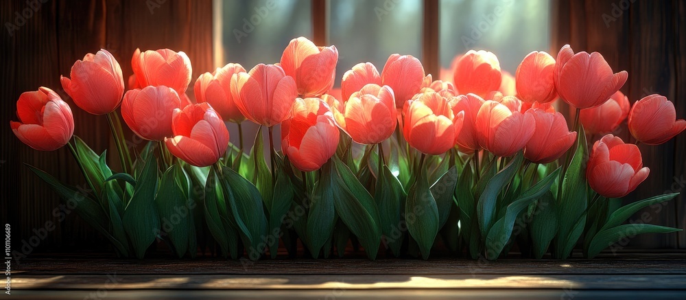 Poster Vibrant tulips arranged elegantly on a rustic wooden surface with soft lighting creating a serene and warm ambiance