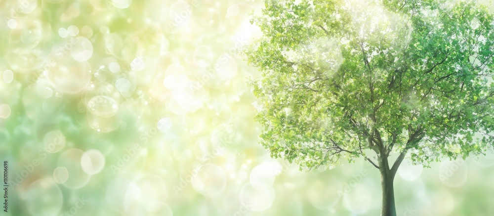 Poster serene green tree with soft bokeh light background creating a peaceful and tranquil nature scene for