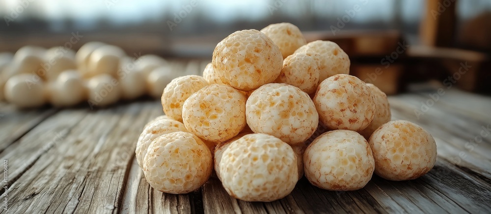 Poster vegan white truffles arranged in a pile on a rustic wooden table with blurred background for a natur