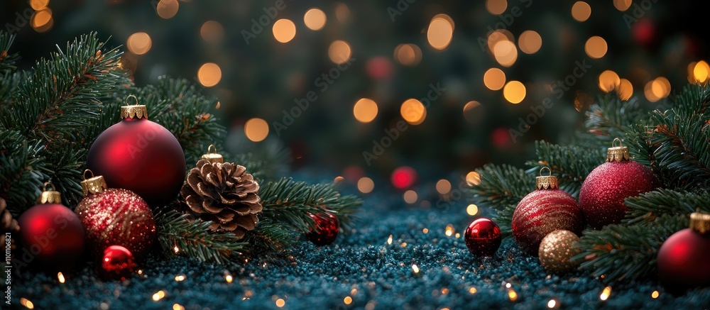 Poster christmas background with fir tree branches ornaments and glowing lights creating a festive and warm