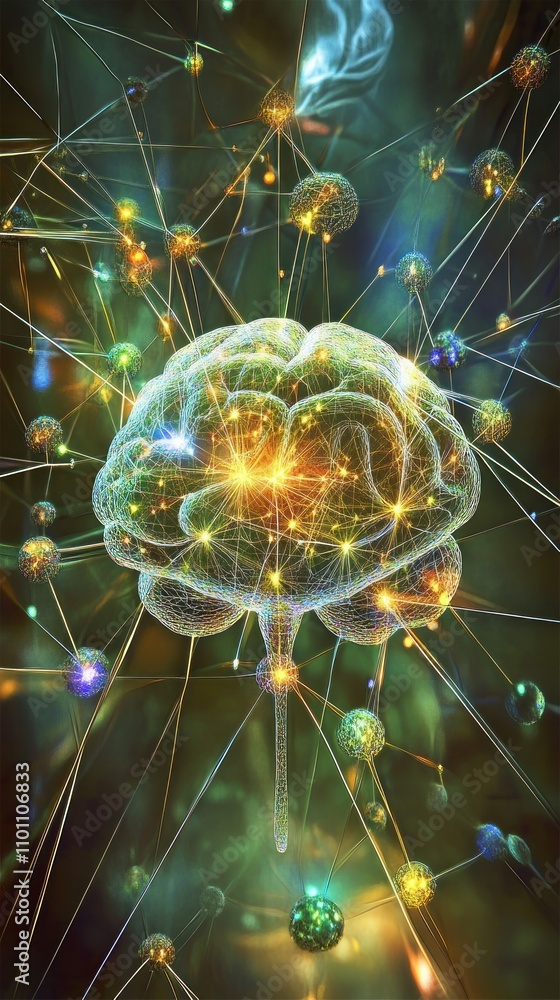 Poster a vibrant, abstract representation of a brain interconnected with glowing particles.