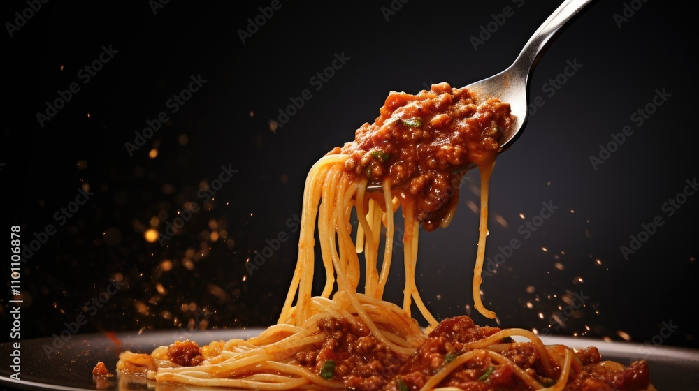 Poster Spaghetti with rich bolognese sauce elegantly lifted on a fork against a dark background with subtle sparkles.
