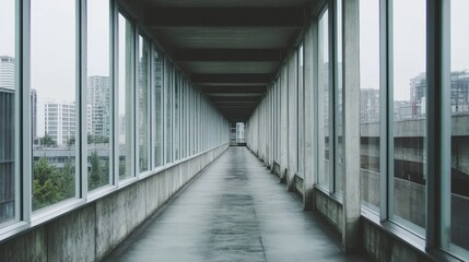 Minimalist Architecture: Sleek Glass Walkway Overlooking Urban Skyline