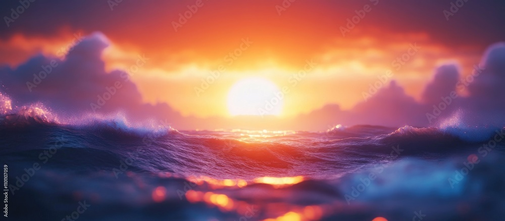 Poster serene sunset view over ocean waves creating a tranquil nature scene with vibrant colors reflecting 