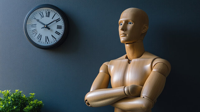 A wooden mannequin with crossed arms poses in front of a wall clock, creating a minimalist and artistic ambiance in the room