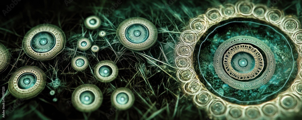 Poster abstract illustration featuring circular patterns and textures, evoking a sense of depth.