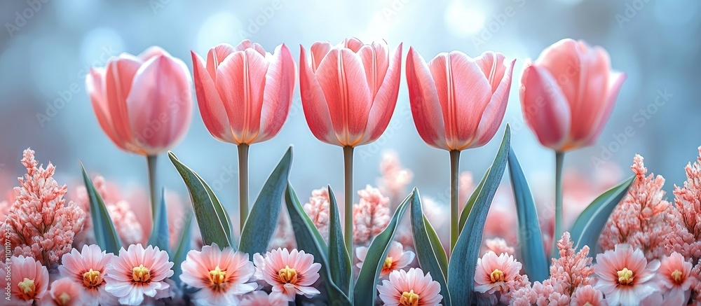 Aufkleber delicate pink tulips with soft blooms in a serene spring flat lay on a light backdrop ideal for invi
