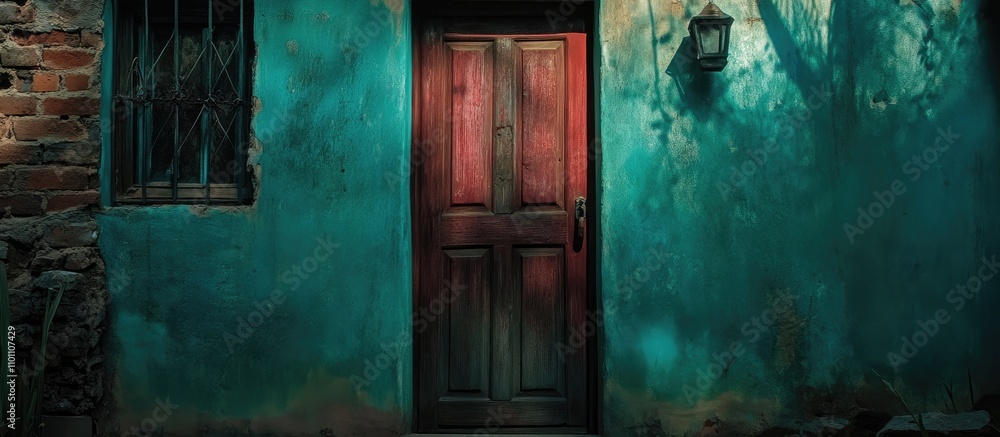 Poster Vibrant wooden door with a colorful textured wall and soft shadows creating an inviting atmosphere in a rustic setting