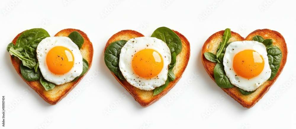 Poster Heart-shaped toast with fried eggs and spinach creating a vibrant healthy vegetarian breakfast viewed from above against a white background