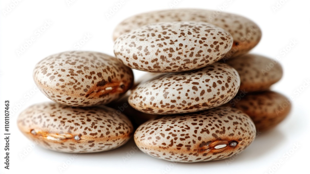 Poster pinto beans arranged creatively on a white background showcasing their unique speckled patterns and 
