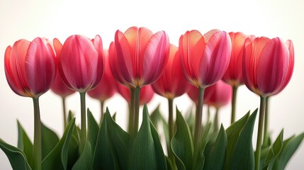 Naklejka premium Vibrant red tulips beautifully arranged against a soft white backdrop showcasing their natural elegance and charm.