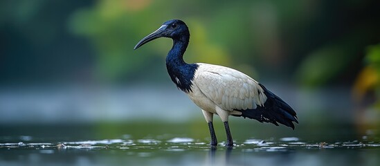 Obraz premium Black Headed Ibis Standing Still in Serene Water Environment with Lush Background