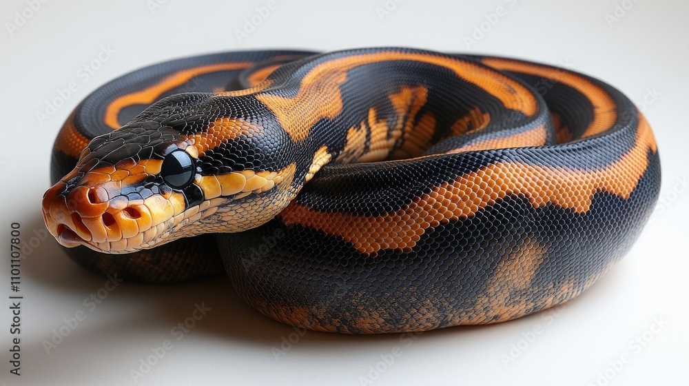Poster close-up of a vibrant ball python showcasing striking patterns and colors on a neutral background id