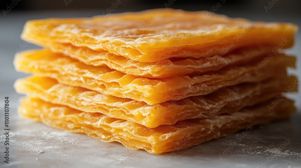 Aufkleber Top view of neatly stacked raw lasagna sheets on a light surface highlighting the texture and layers of traditional pasta sheets.