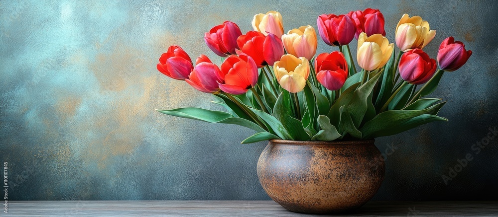 Poster stylish table arrangement with vibrant tulip flowers in a rustic bowl against a textured grey wall b