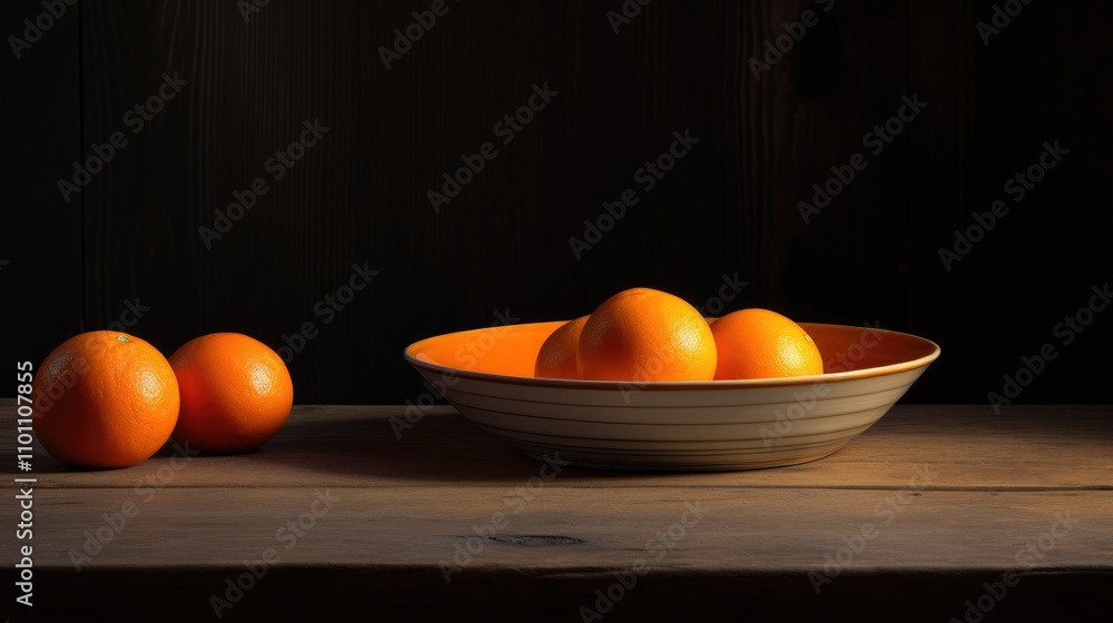 Poster Three vibrant oranges in a shallow dish on a rustic wooden table with dark background creating a cozy and inviting atmosphere.