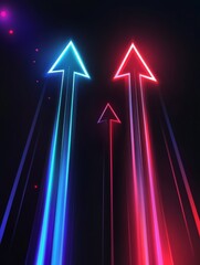 Red and blue glowing arrows ascend against a dark backdrop, symbolizing ambition and vibrant energy, suggesting a creative journey and innovative strategies leading to success in various futures