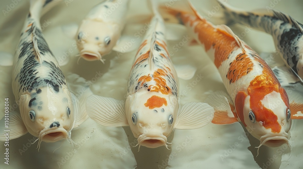 Poster koi fish display vibrant colors and patterns swimming gracefully in a serene pond setting showcasing