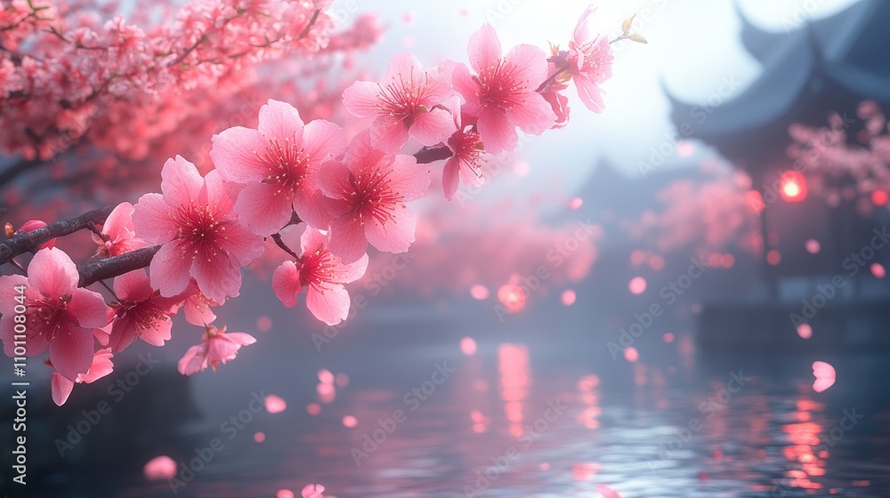 Poster cherry blossoms in bloom by serene waters in a tranquil spring landscape with soft focus on blossoms