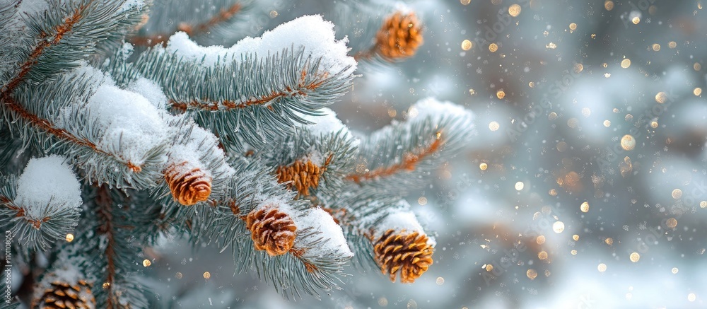 Poster winter wonderland with snow-laden pine branches and pinecones creating a serene, seasonal atmosphere