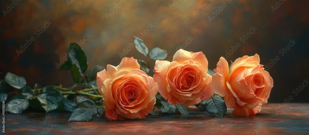 Poster close up of delicate tea roses arranged on a rustic table with softly blurred background emphasizing