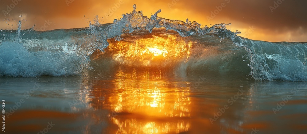 Poster golden sunset reflecting on ocean waves creating a serene beach atmosphere full of vibrant colors an