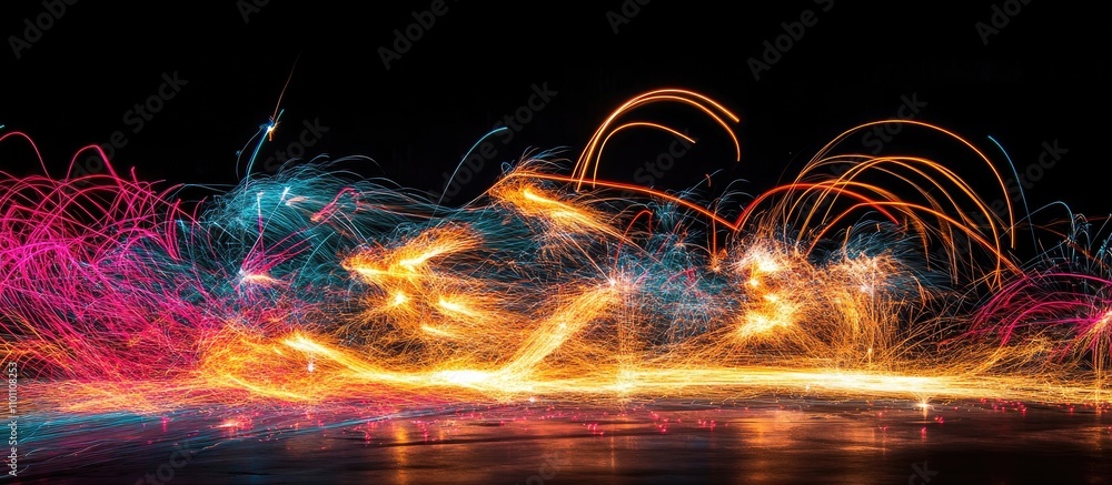 Poster vibrant colorful firework display with dynamic light trails in night sky