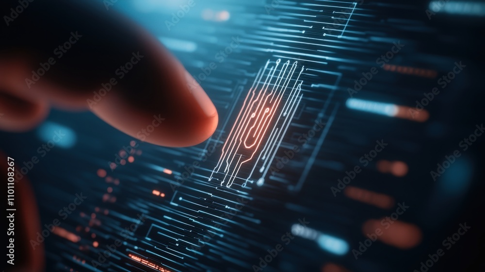 Poster Close-Up View of a Finger Tapping on a Digital Circuit Board With Data Streams and Binary Codes, Representing Modern Technology and Innovation in Computer Science