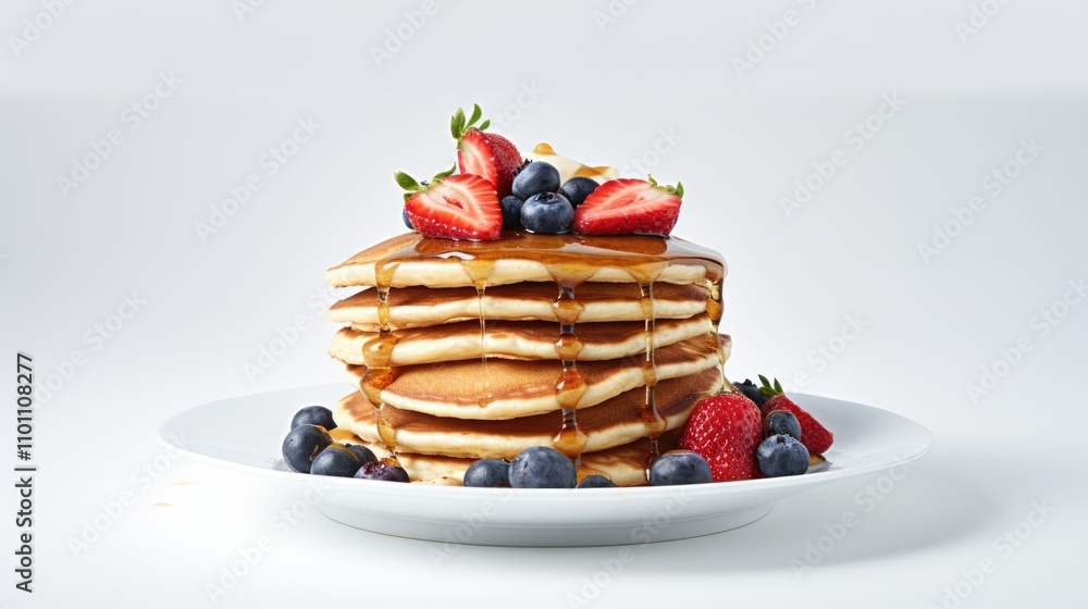 Poster delicious stack of fluffy pancakes topped with fresh strawberries and blueberries drizzled with syru