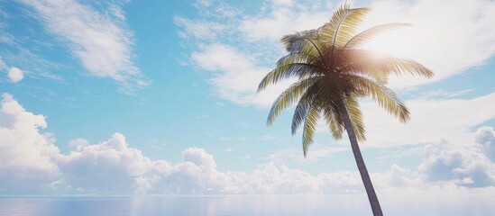 Tropical summer landscape with a lone palm tree under a bright blue sky and fluffy clouds by the serene ocean waters.