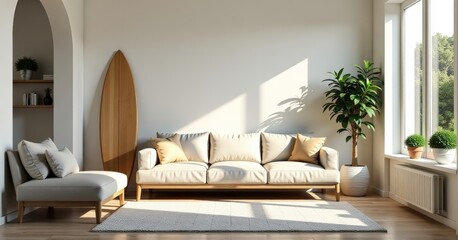 Fototapeta premium Bright and Cozy Living Room Featuring a Modern Sofa, Surfboard, and Indoor Plants