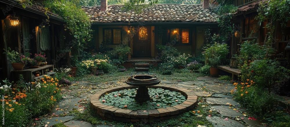 Aufkleber charming rustic garden courtyard with lush greenery and a tranquil fountain surrounded by colorful f