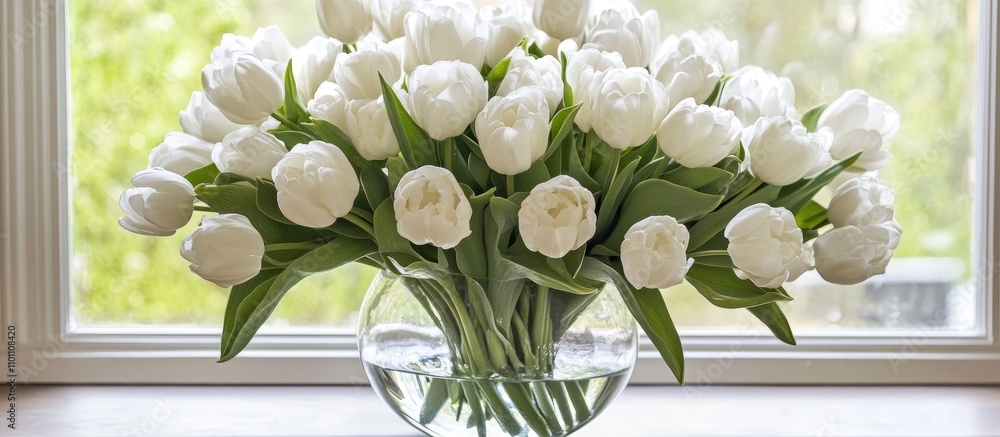 Poster elegant display of white tulips in a glass vase beside a sunlit window creating a serene and fresh a