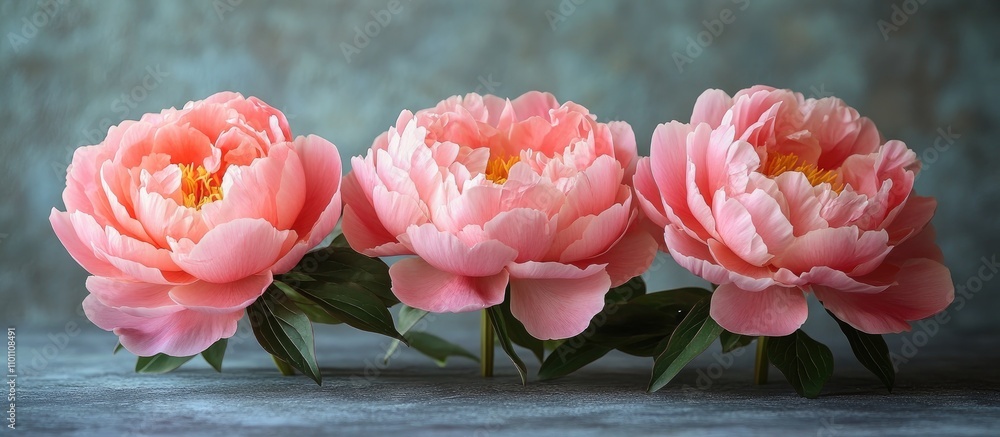 Poster Three delicate pink peony blossoms elegantly displayed on a soft textured grey surface creating a serene and graceful floral arrangement