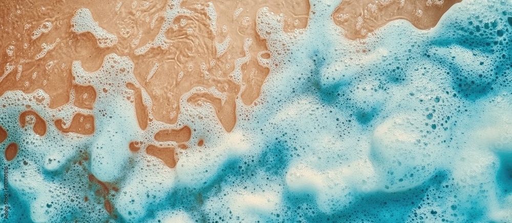 Poster sandy beach shoreline with gentle blue sea waves and frothy foam creating a serene summer atmosphere