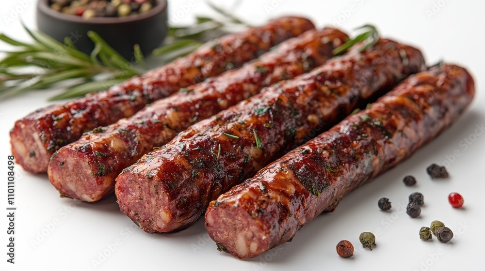 Poster smoked sausages arranged on a white background with herbs and spices for a fresh culinary presentati