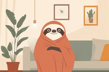 Obraz premium Cozy sloth wrapped in blanket in minimalist living room