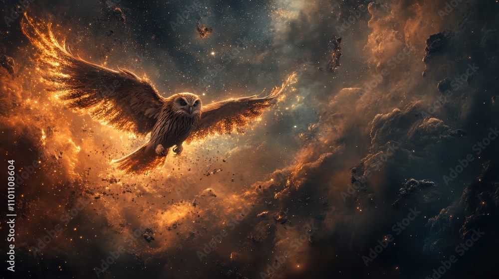 Poster a majestic owl soars through a cosmic backdrop, illuminated by fiery hues, blending elements of natu