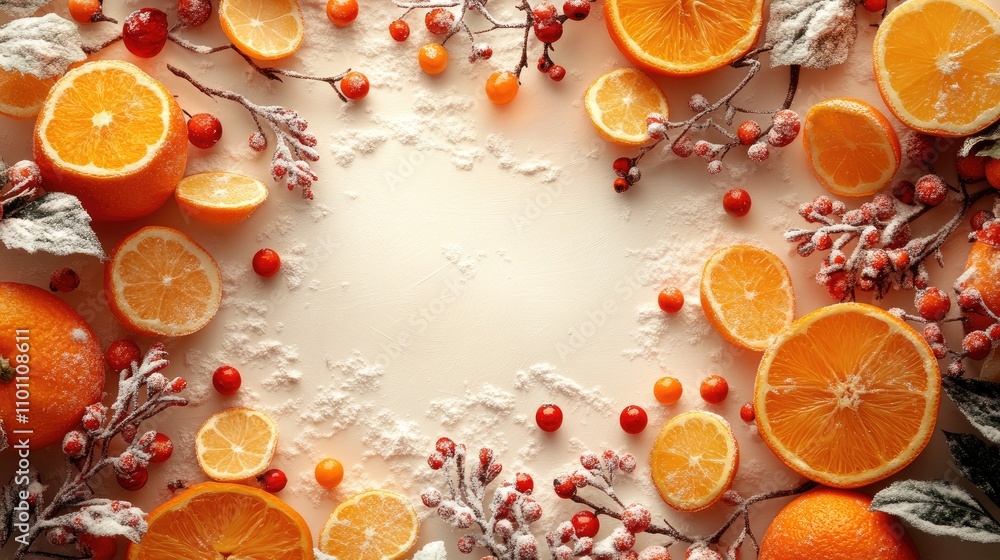 Poster winter citrus arrangement with frosted berries and fluffy treats on a soft background ideal for fest