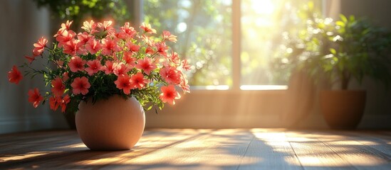 Cozy interior featuring a beautiful bouquet of flowers in a sunlit room with plants and wooden floor creating a warm atmosphere
