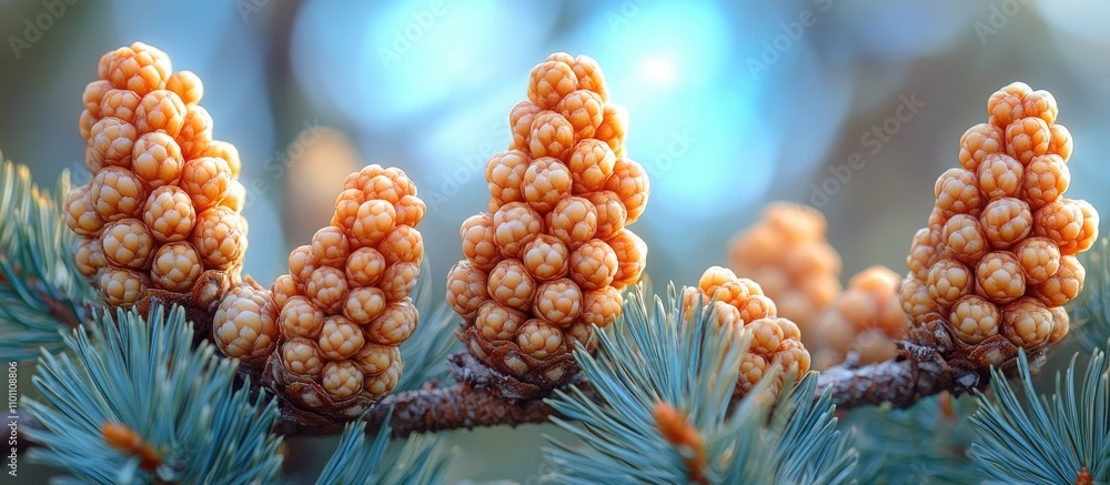 Aufkleber pine tree cones illuminated by soft light with a blurred sky background highlighting nature's intric