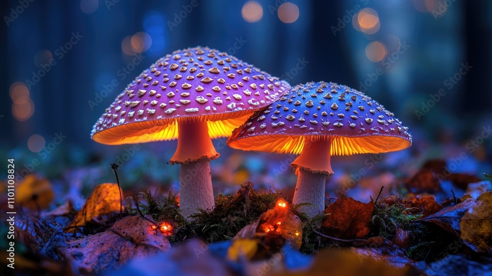 Poster Bioluminescent mushrooms glowing in a mystical forest with autumn leaves and soft bokeh background effect at twilight.