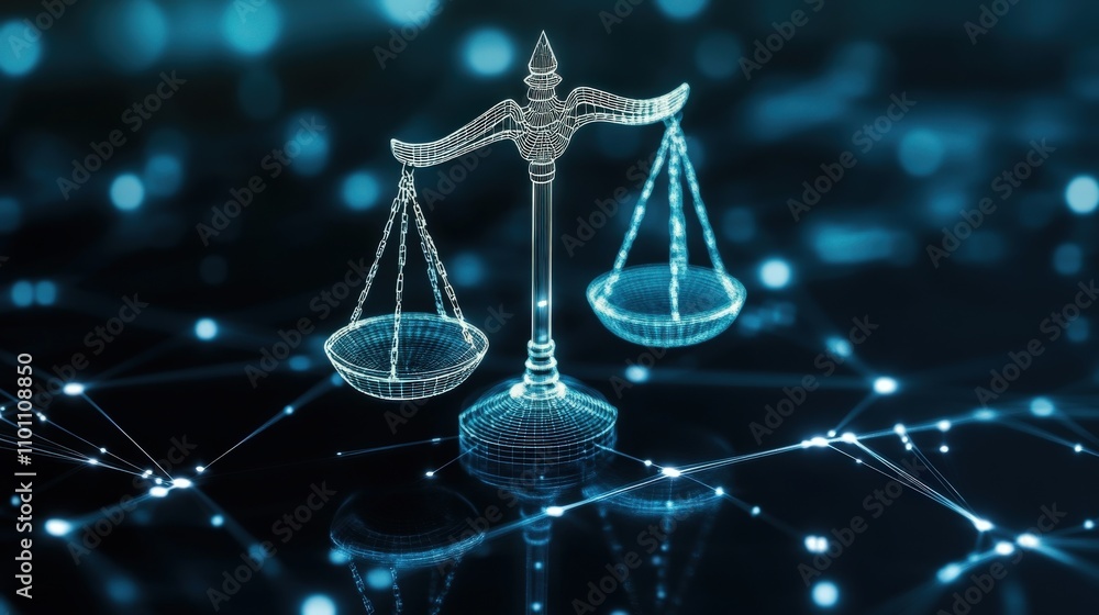 Poster digital representation of justice scale against a dark background with abstract connective elements,