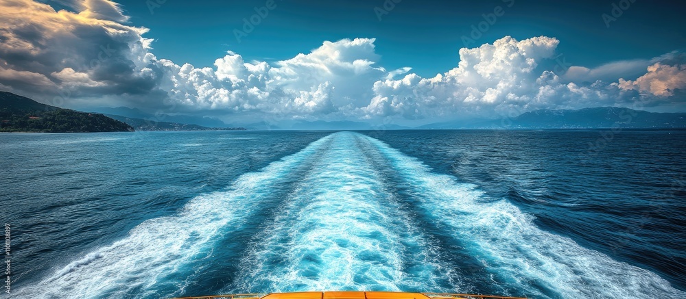 Fototapete serene ferry journey through turquoise waters with stunning clouds and wake creating a tranquil path